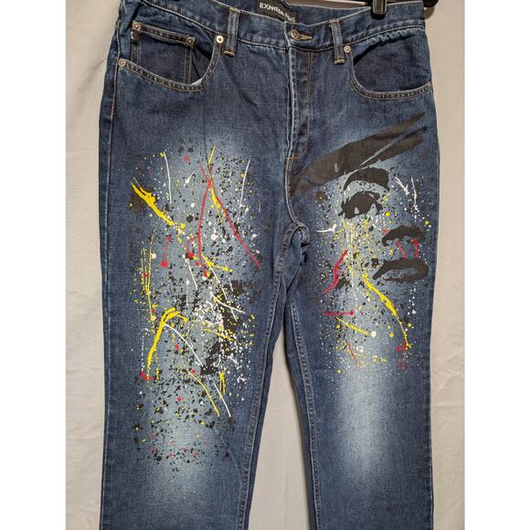 Express Junior's‎ Dark Wash Jeans Artist Paint Splatter Graffiti Size 11/12 - Picture 3 of 10